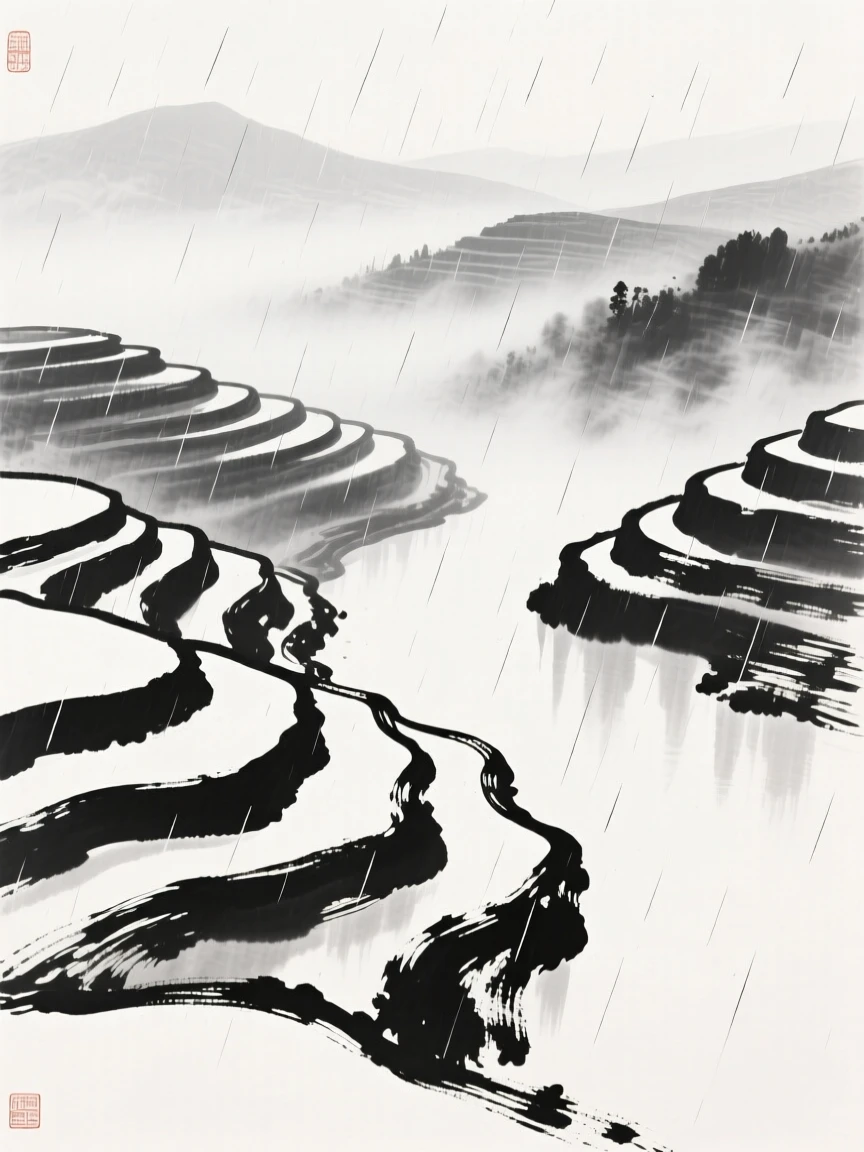 A summer rain shower sweeps across a valley of terraced fields, with mist rising after a sudden afternoon shower.