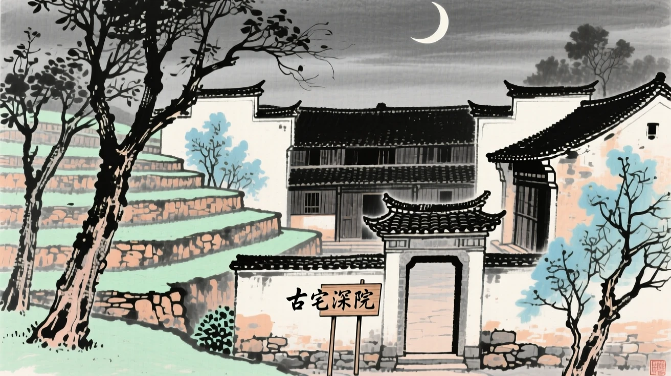 Terraced courtyards of an old family estate framed by garden trees, touched with gentle melancholy, beneath a crescent moon.