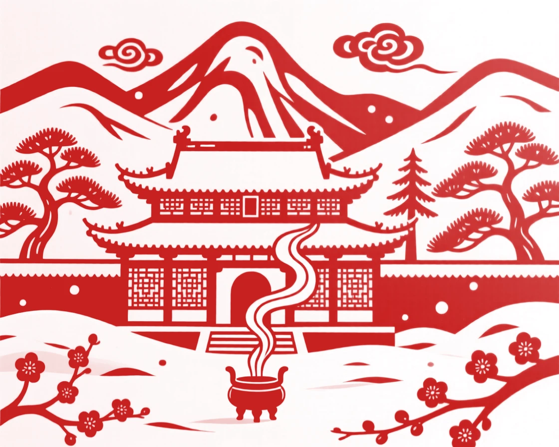 A mountain monastery, under a blanket of fresh winter snow, smoke curling gently from a nearby incense burner.