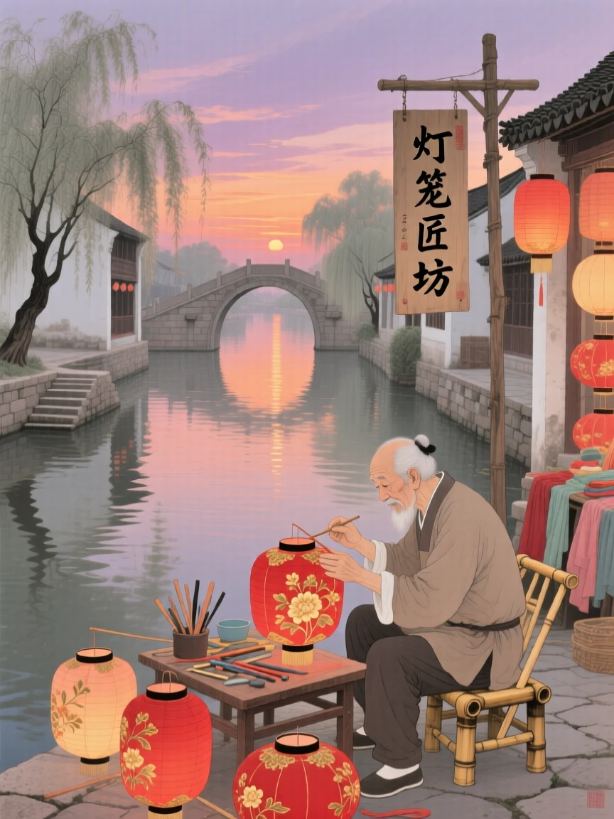 A lantern maker preparing for tomorrow's festival beside a slow-moving canal at dusk
