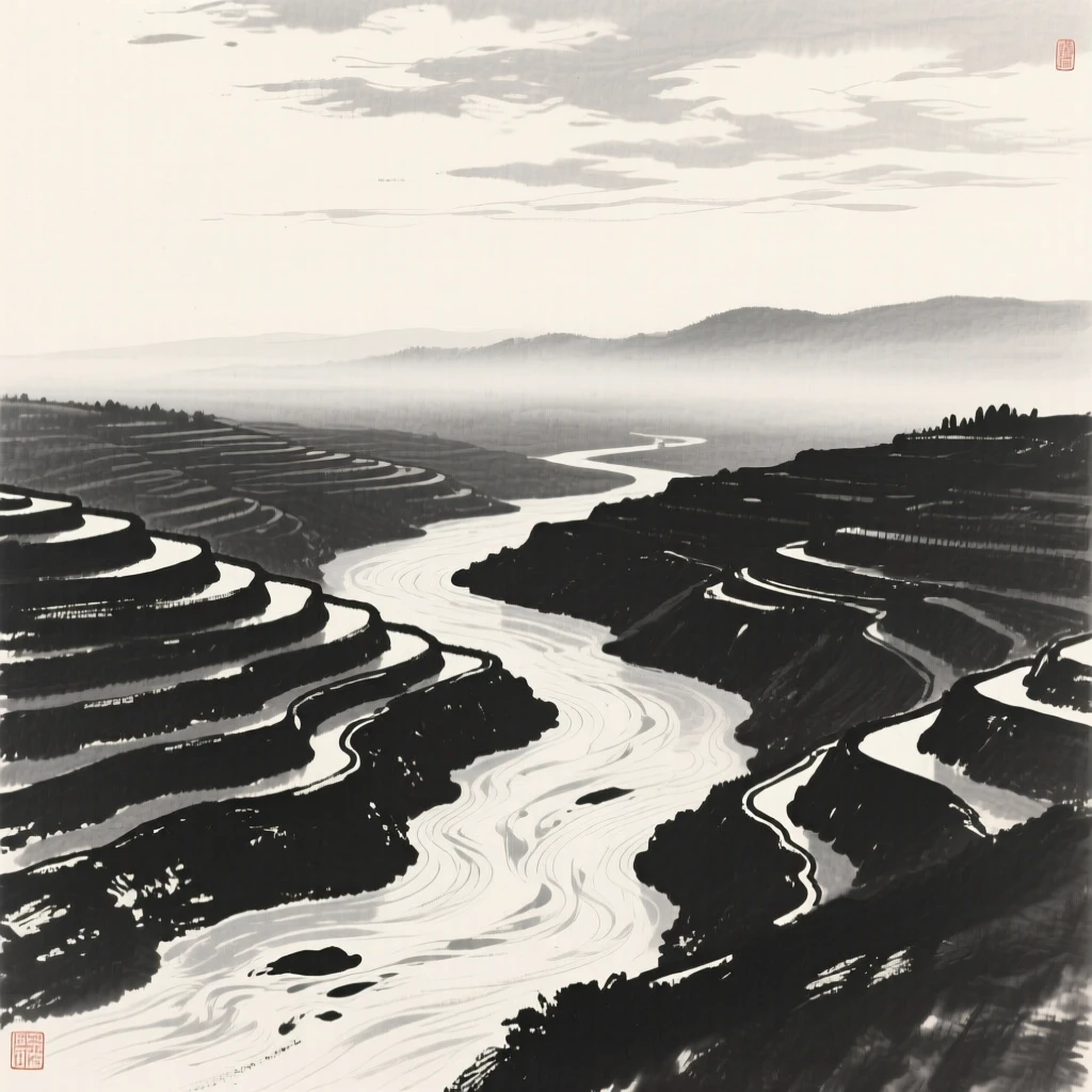 A winding river cutting through a deep, terraced valley under a wide open sky scattered with drifting clouds, seen from across the water, the far shore reduced to soft silhouette, carrying a feeling of timeless peace and stillness.