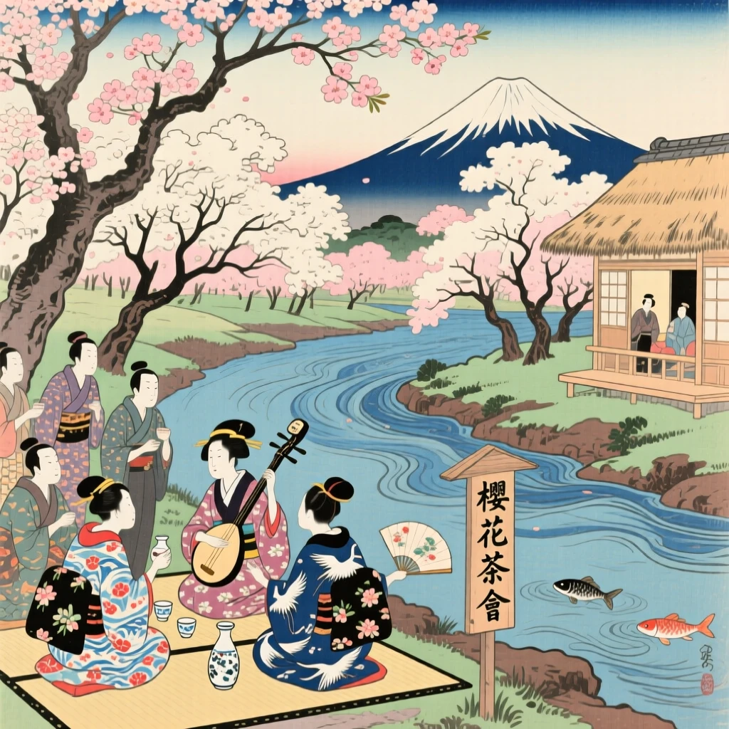 A cherry blossom viewing party bursting in brilliant colors above a river.