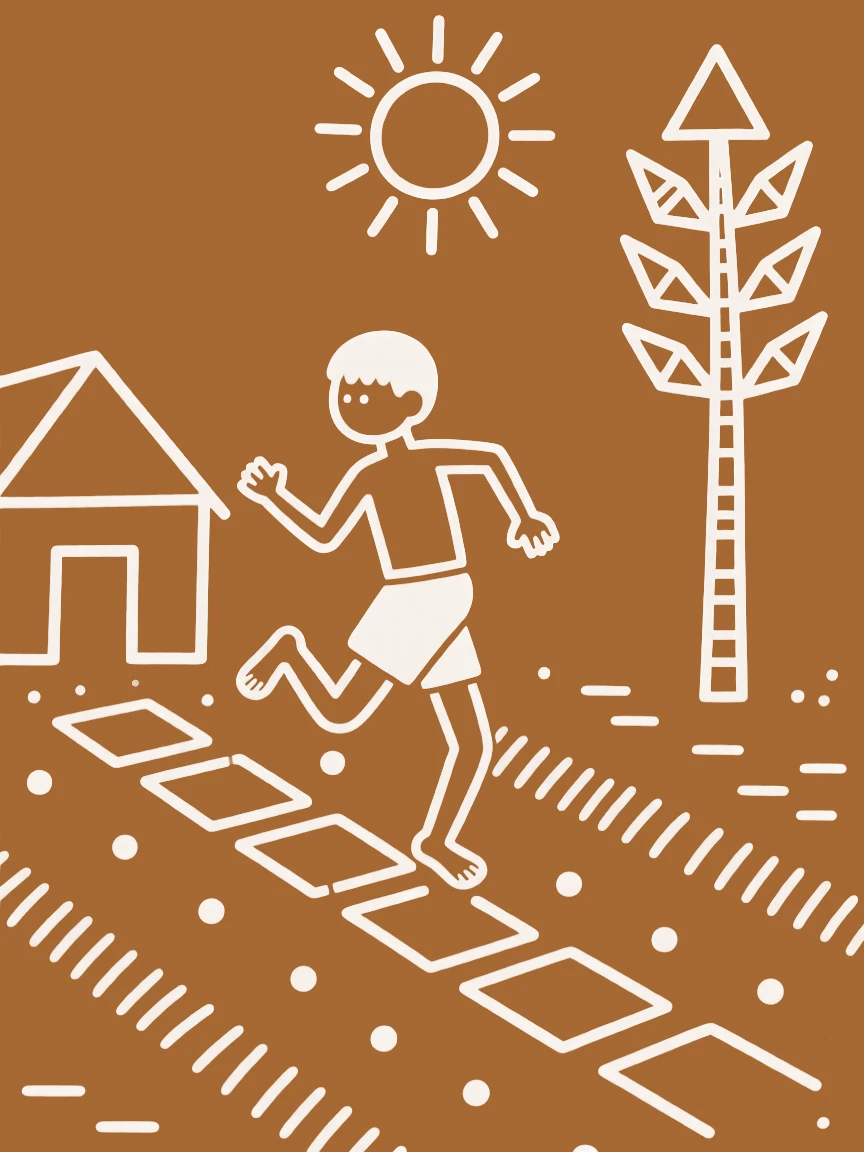 A barefoot boy playing a traditional hopping game.