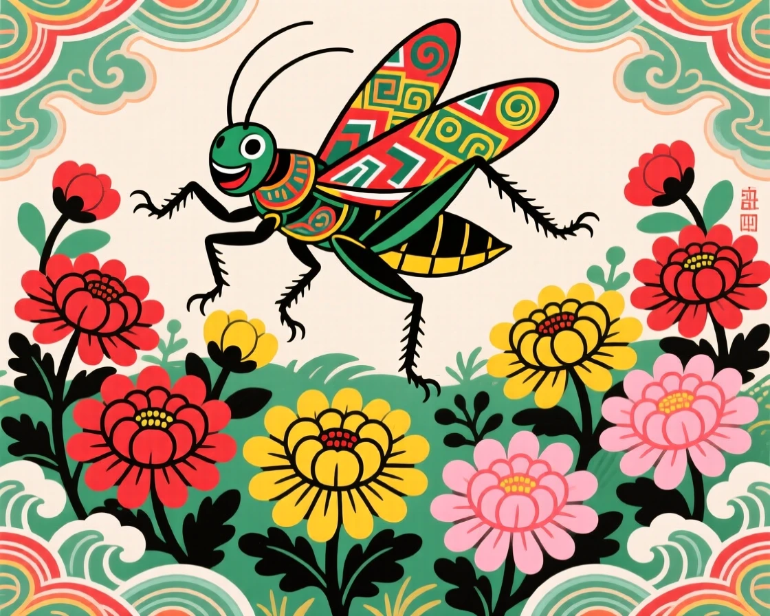 A cricket dancing above a garden of chrysanthemums.