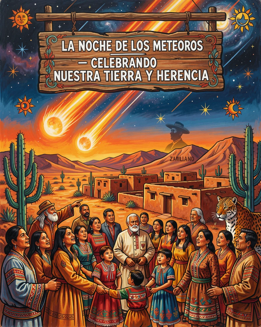 A meteor shower streaking across a clear desert night sky