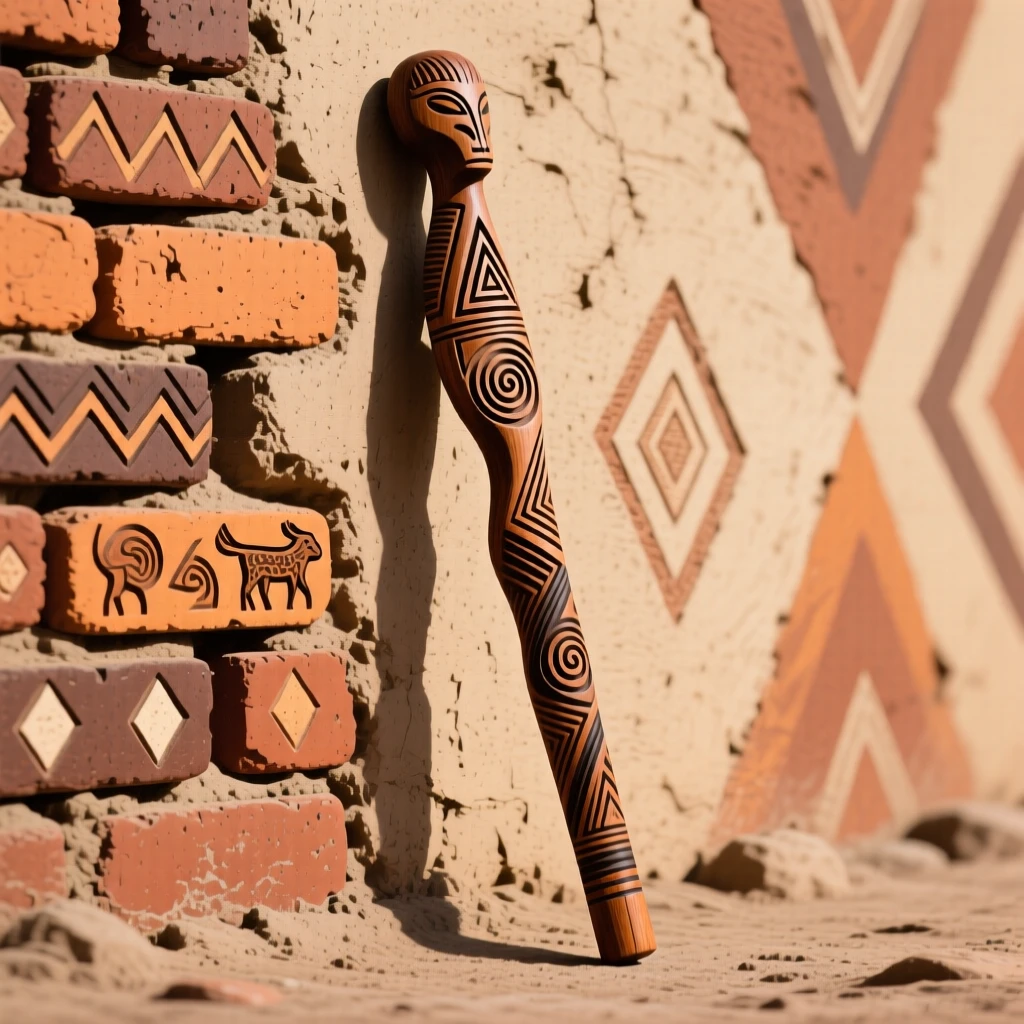 A carved walking stick resting against a mud-brick wall.