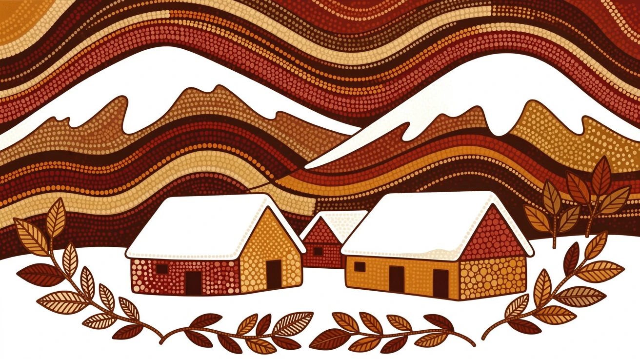 A snowbound mountain village after a fresh snowfall