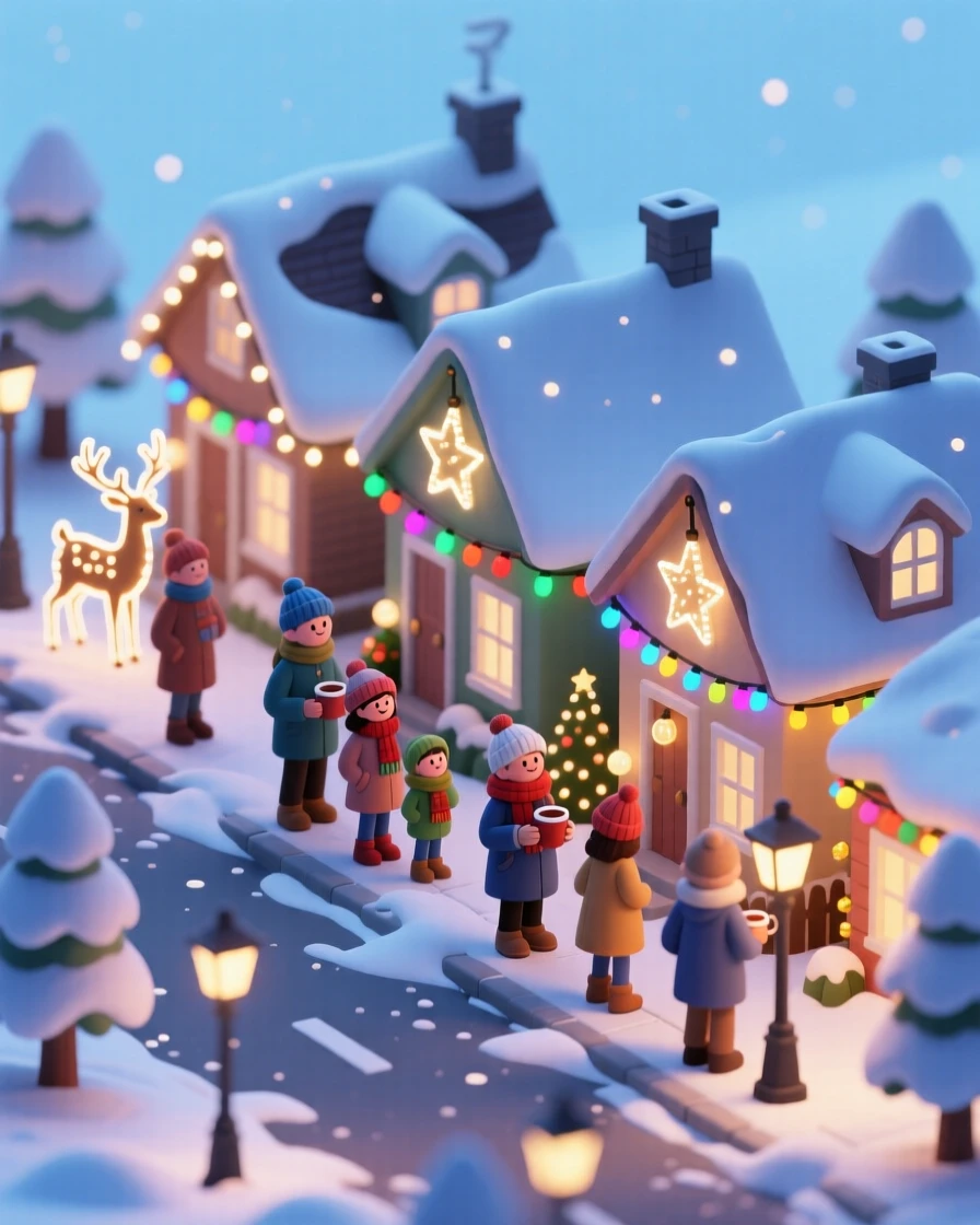 A winter holiday light display walk through a neighborhood, families bundled up admiring elaborate rooftop decorations.