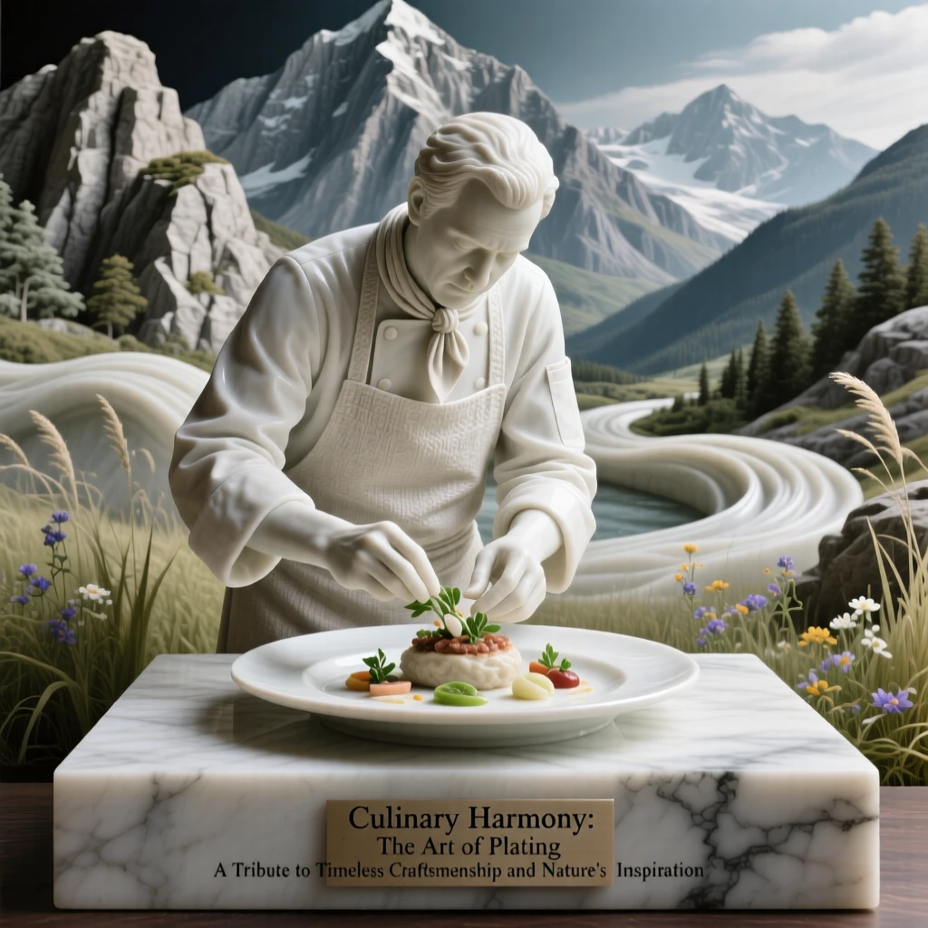 An evocative depiction of a chef plating a beautifully arranged dish, framed by dramatic natural scenery, balancing detail with emotional depth