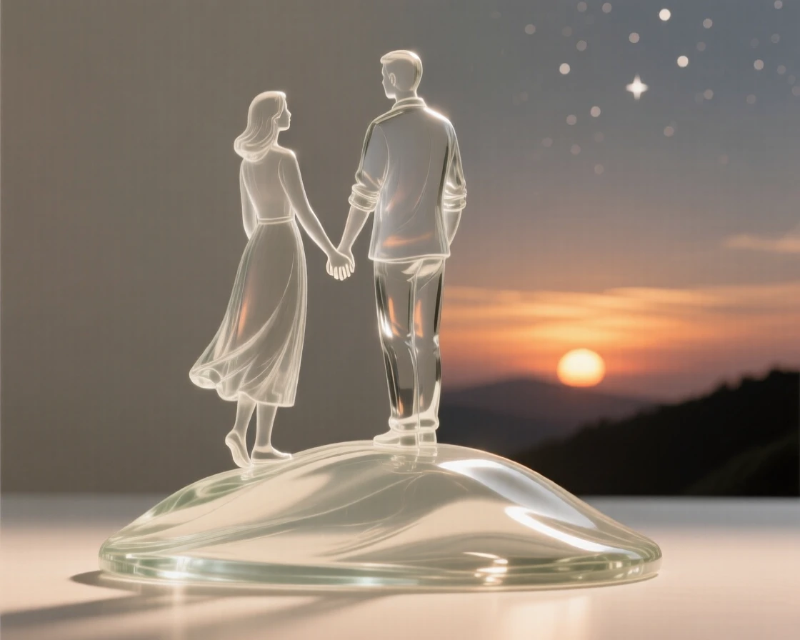 A couple holding hands while watching the sunset from a hilltop as the first stars begin to appear overhead