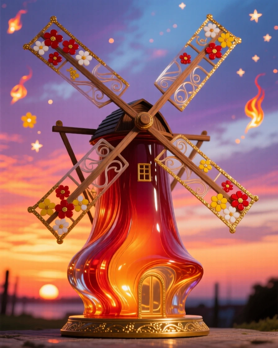 A grand old windmill turning slowly against a fiery sunset sky, timeless and picturesque.