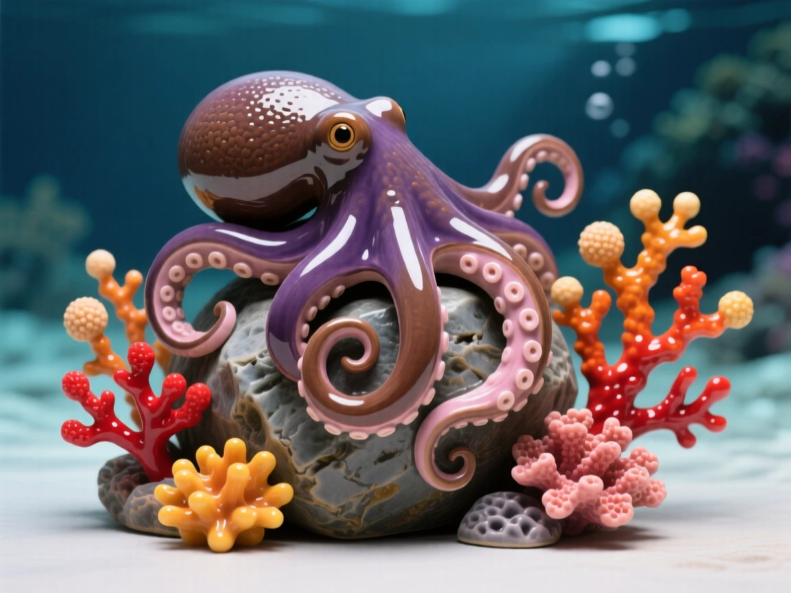 A octopus curling its tentacles around a rock curled gracefully around swaying coral, framed by vibrant coral formations, radiating playful, gentle joy.