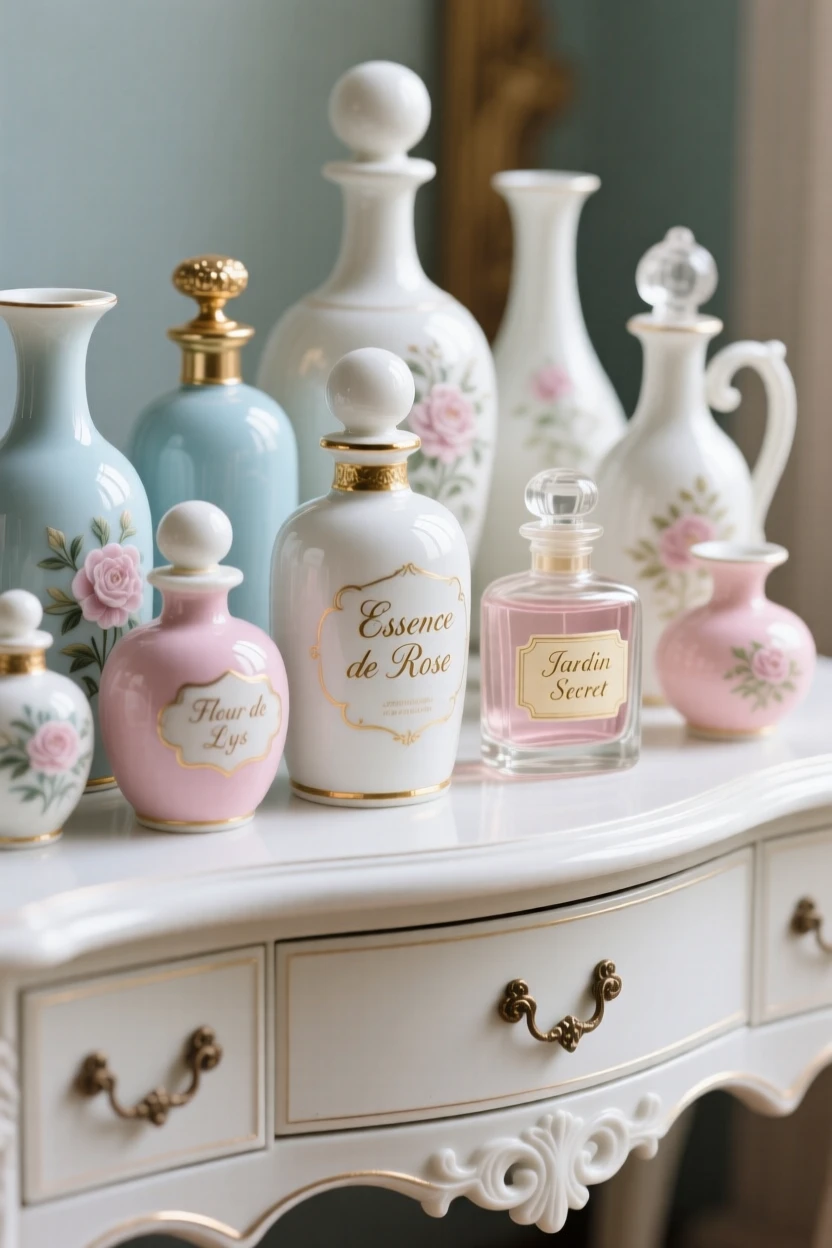 A collection of antique perfume bottles arranged across an antique dresser, softly lit to highlight fine detail.