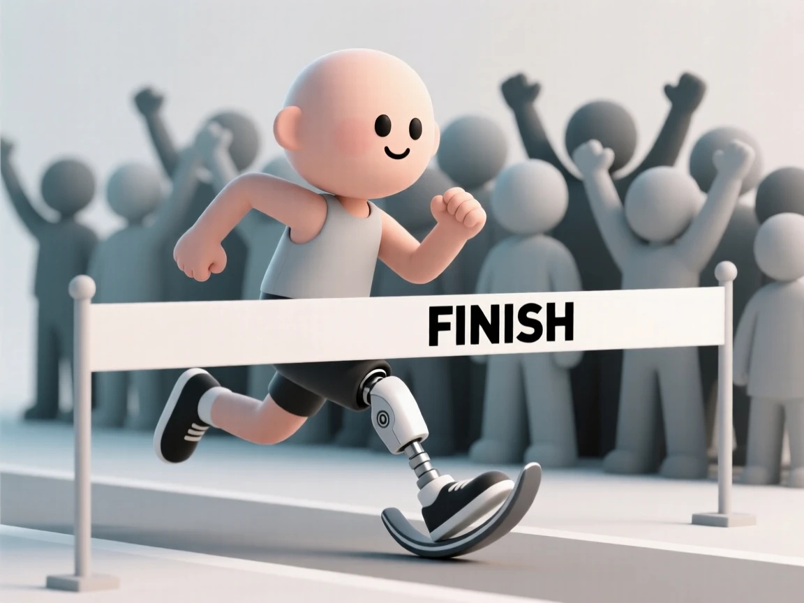 A determined amputee athlete sprints on a running blade, crossing a finish line to a roaring, supportive crowd.