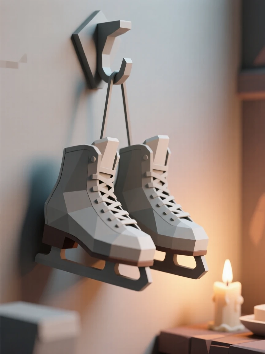 A pair of old ice skates hanging on a hook, in the soft glow of candlelight. a shallow depth of field isolates the main object. It evokes a feeling of gentle nostalgia.