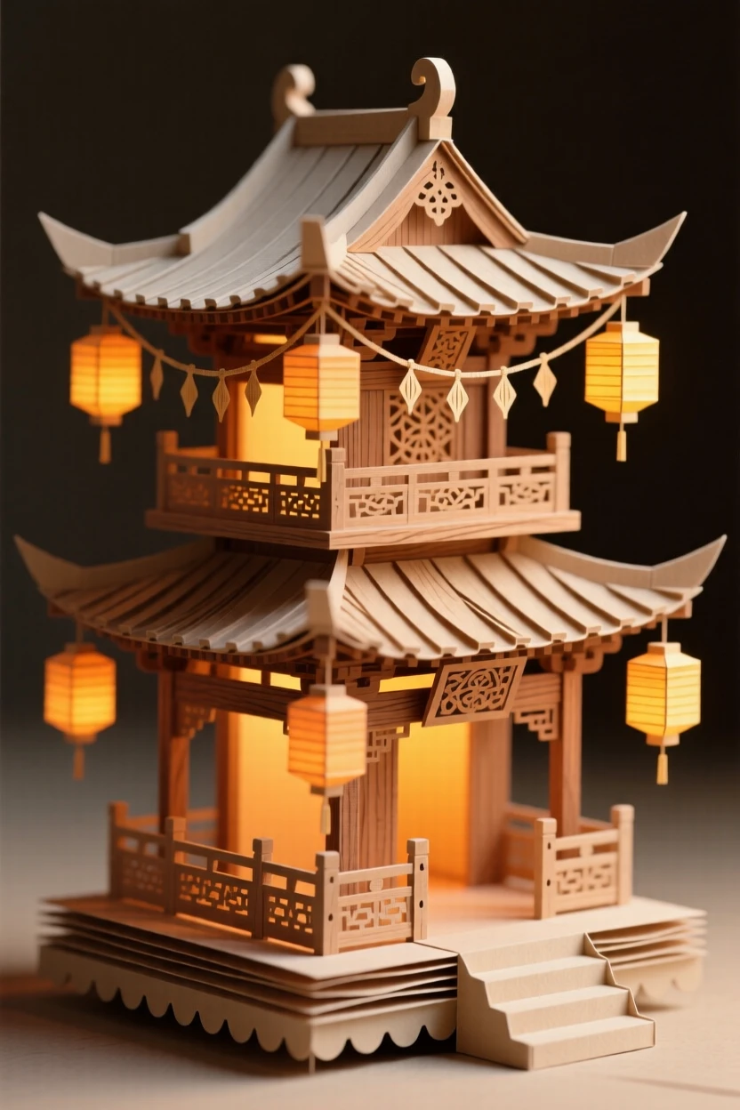 A traditional wooden pagoda illuminated by strings of warm lights, with intricate carved details catching the light, evoking timeless grandeur and reverence.