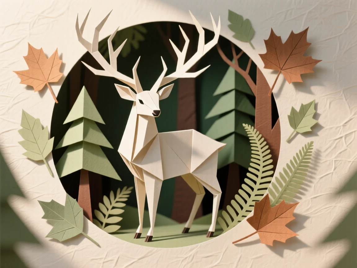 A stylized stag with elaborate antlers centered within a forest-themed medallion.