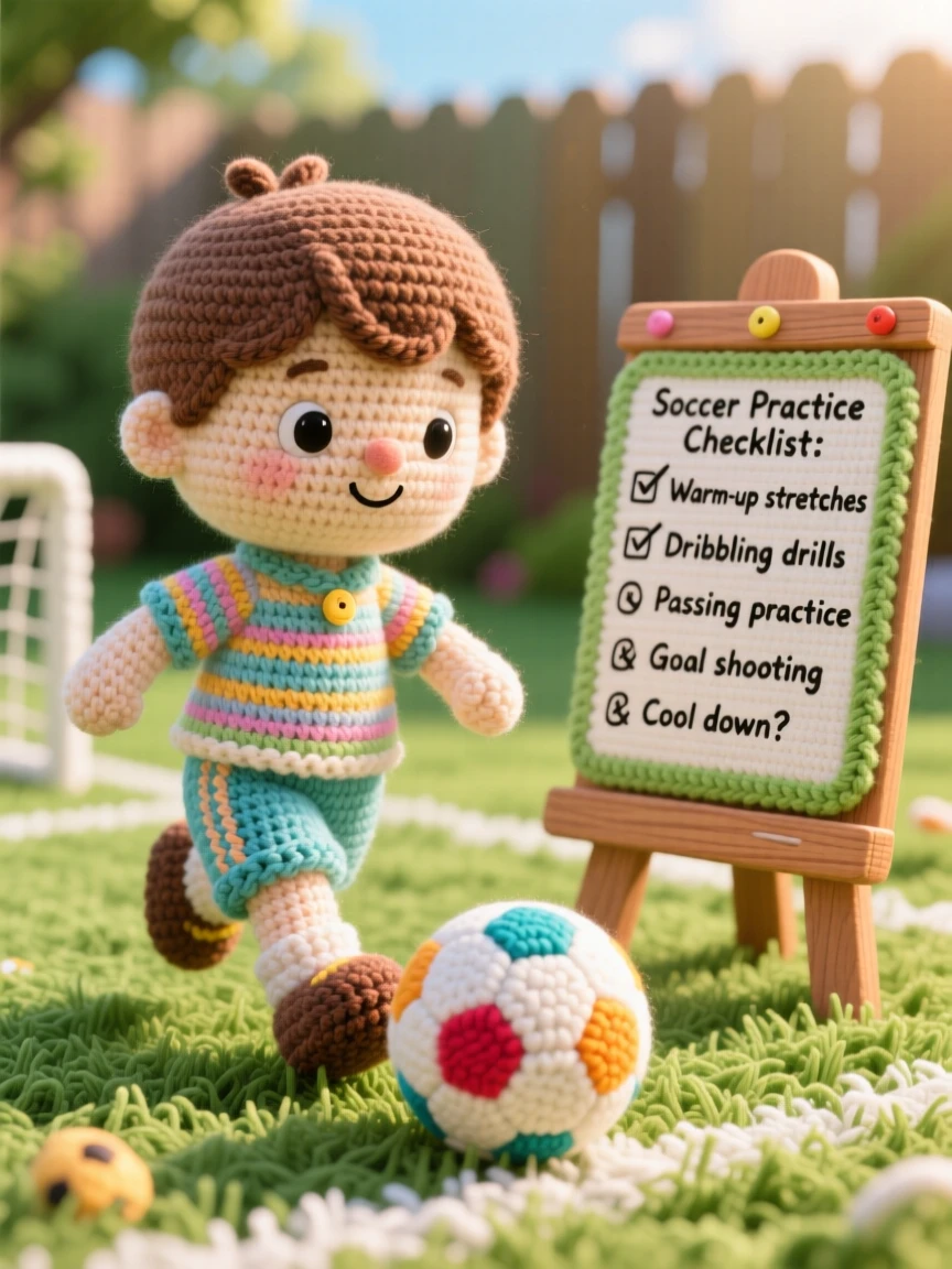 a small boy practicing soccer, with a bright ball at his feet, dribbling carefully across a grassy field, in a sunny backyard on a warm afternoon, with a cheerful checklist pinned to a board, radiating patient concentration and creative satisfaction.