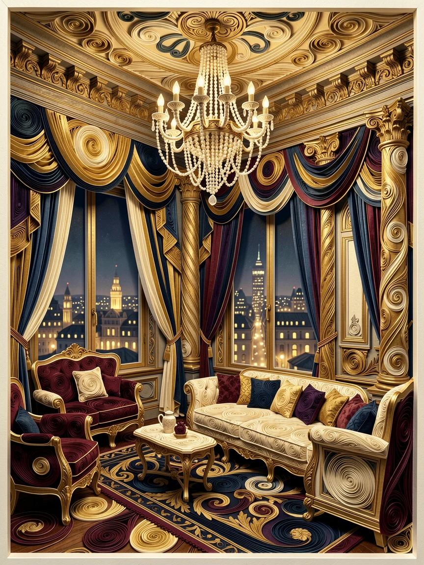 an opulent hotel suite with sweeping city views, in a grand ballroom lit by chandeliers, composed with dramatic, moody lighting, with soft city lights glowing in the background.