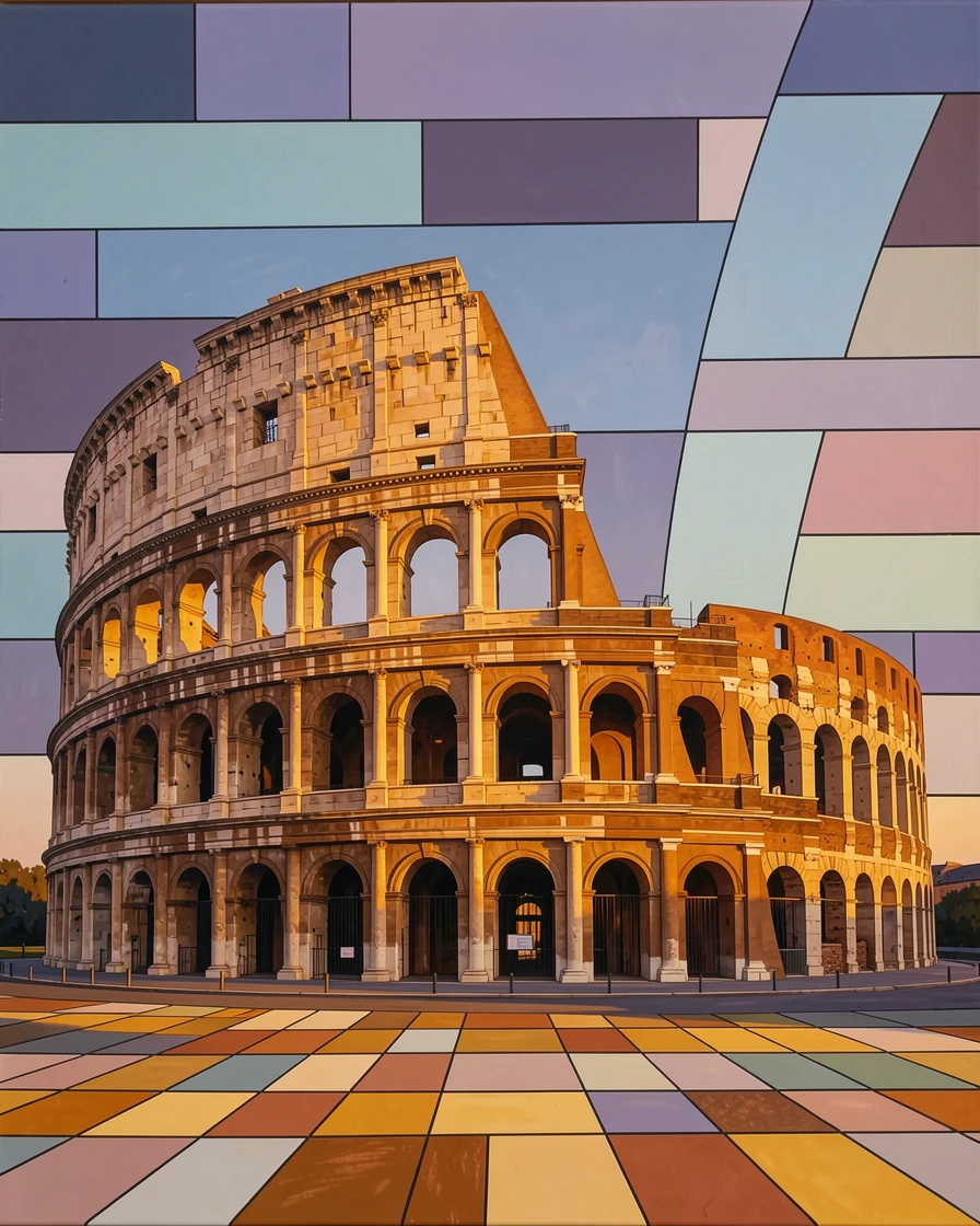 The ancient Colosseum bathed in warm evening light.