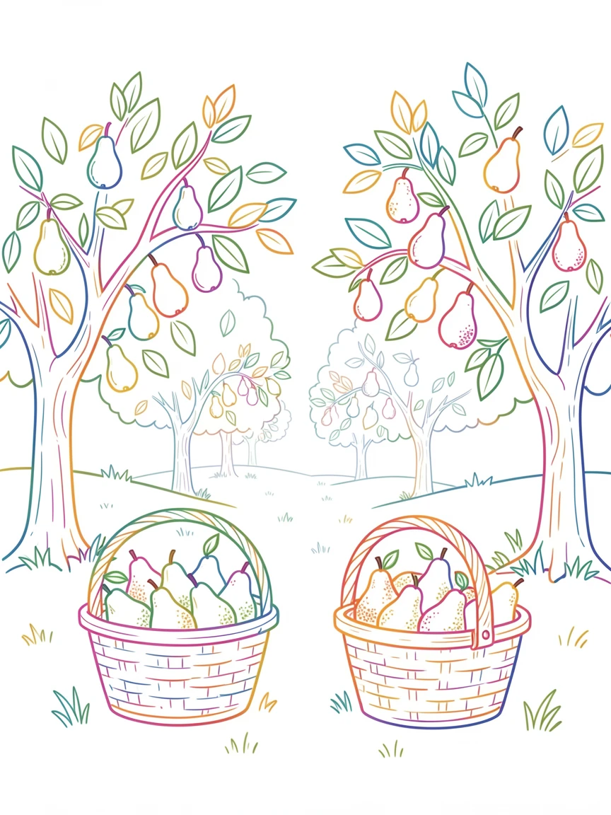 A quiet countryside orchard with baskets of freshly picked pears.