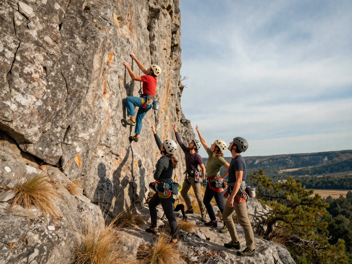A rock climbing team cheers a member on from the base of a towering cliff.
