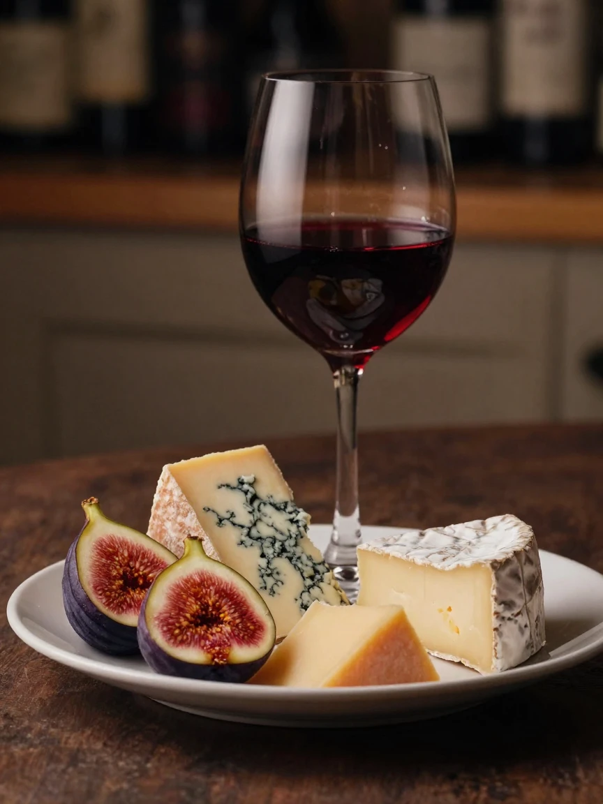 A glass of red wine beside a plate of aged cheese and fresh figs
