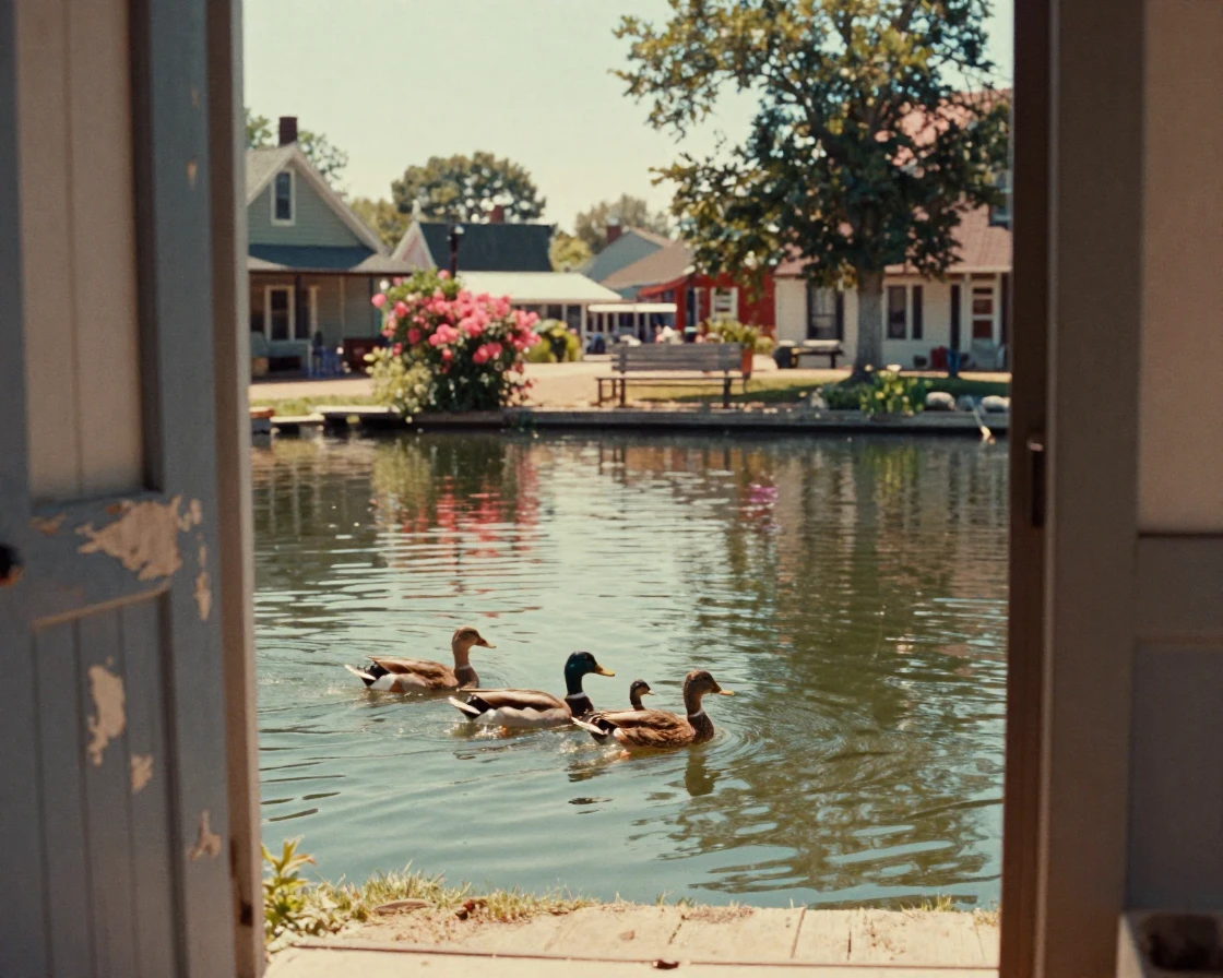 A family of ducks paddling across a quiet village pond, under soft golden-hour light, in crisp, dry air, during the long days of summer, in vivid coral and turquoise hues, framed through an open doorway.