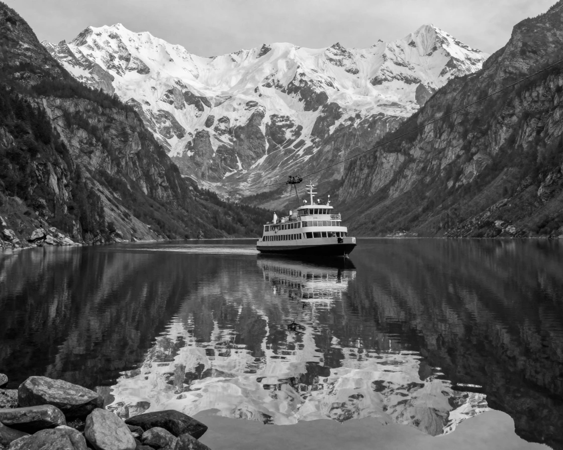 A cable ferry crosses a narrow alpine lake beneath towering snow-capped peaks.