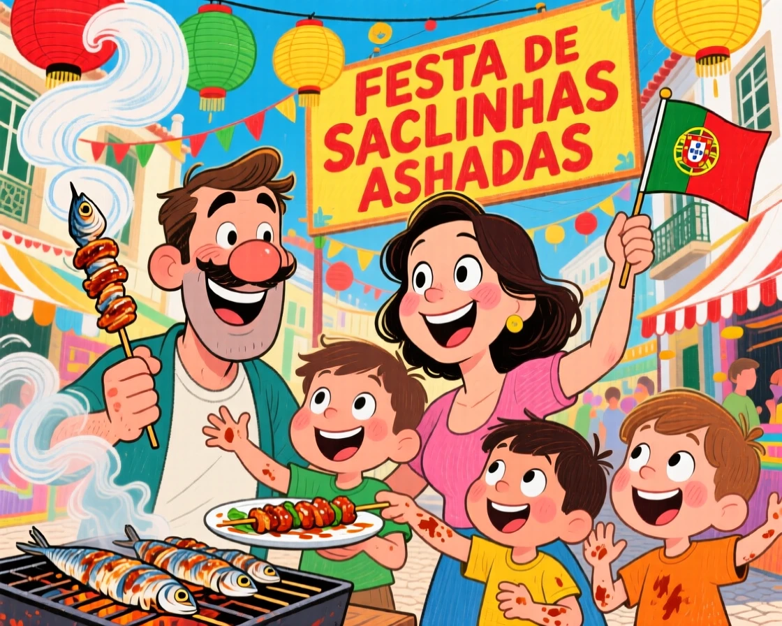 A family celebrating a traditional Portuguese street festival with grilled sardines.