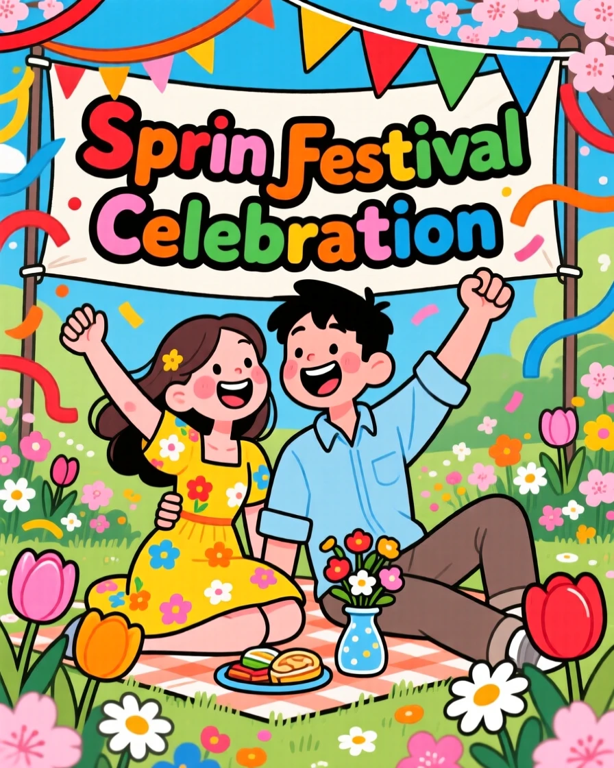 A festive celebration scene of a young couple celebrating a colorful spring festival with flowers everywhere, surrounded by colorful decorations and streamers.
