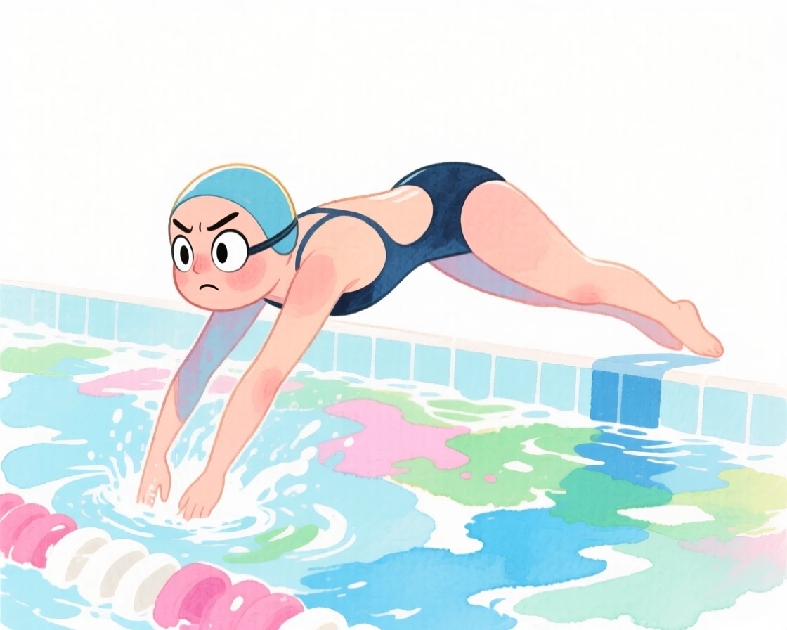 A swimmer diving into a pool lost in concentration on a colorful canvas