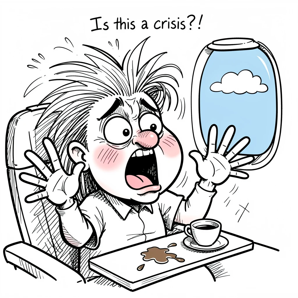 [Funny & Exaggerated Situations] Comical scene of a flustered airplane passenger overreacting to a minor mishap, exaggerated for maximum laughs