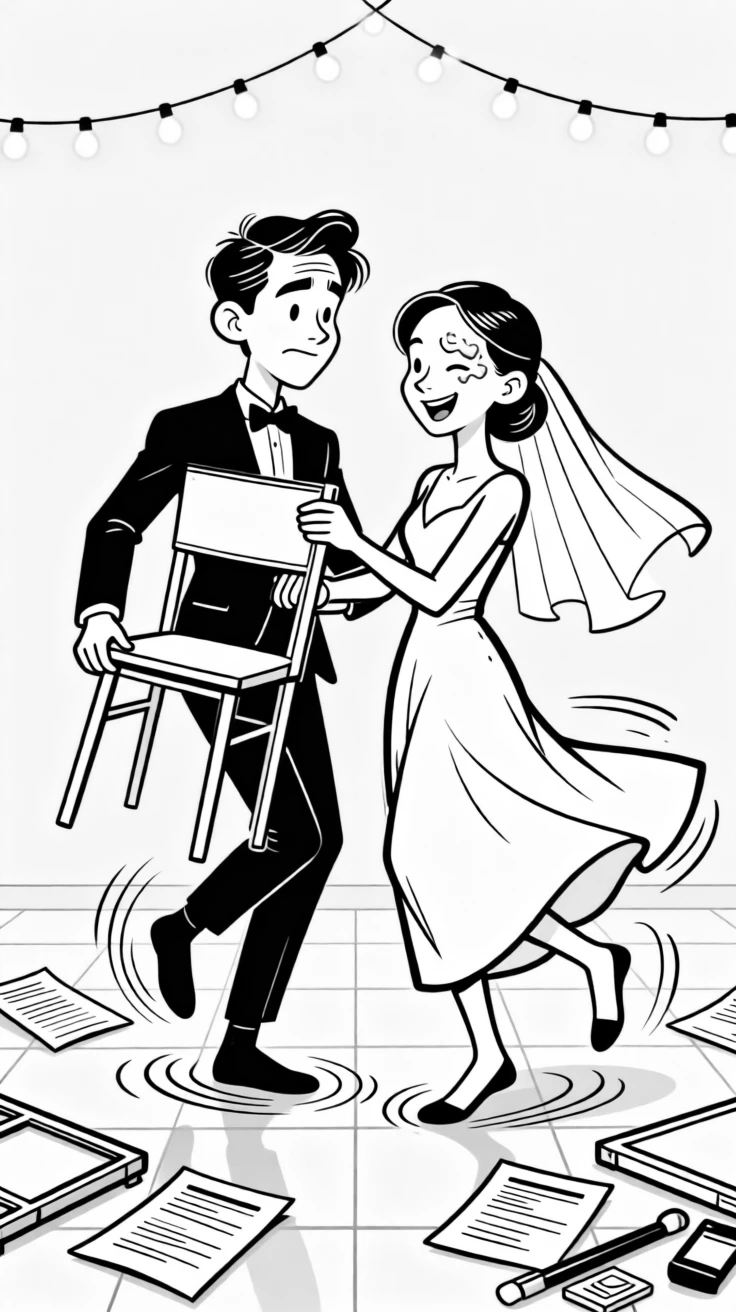 A couple trying to assemble furniture from confusing instructions, spinning slowly in socked feet across the tile, set at a wedding reception decorated with fairy lights. A smear of frosting decorates one eyebrow. It captures romance in its most playful, everyday form.
