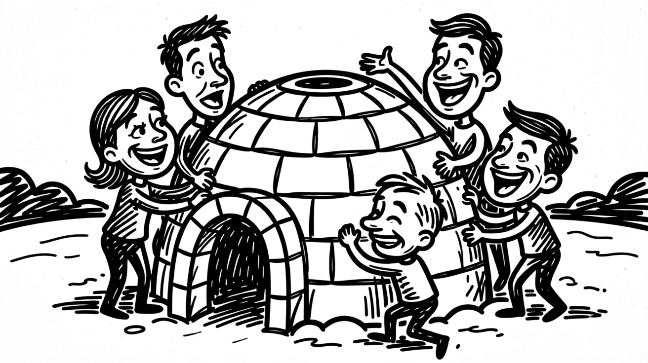 A family building an elaborate igloo together in the backyard.