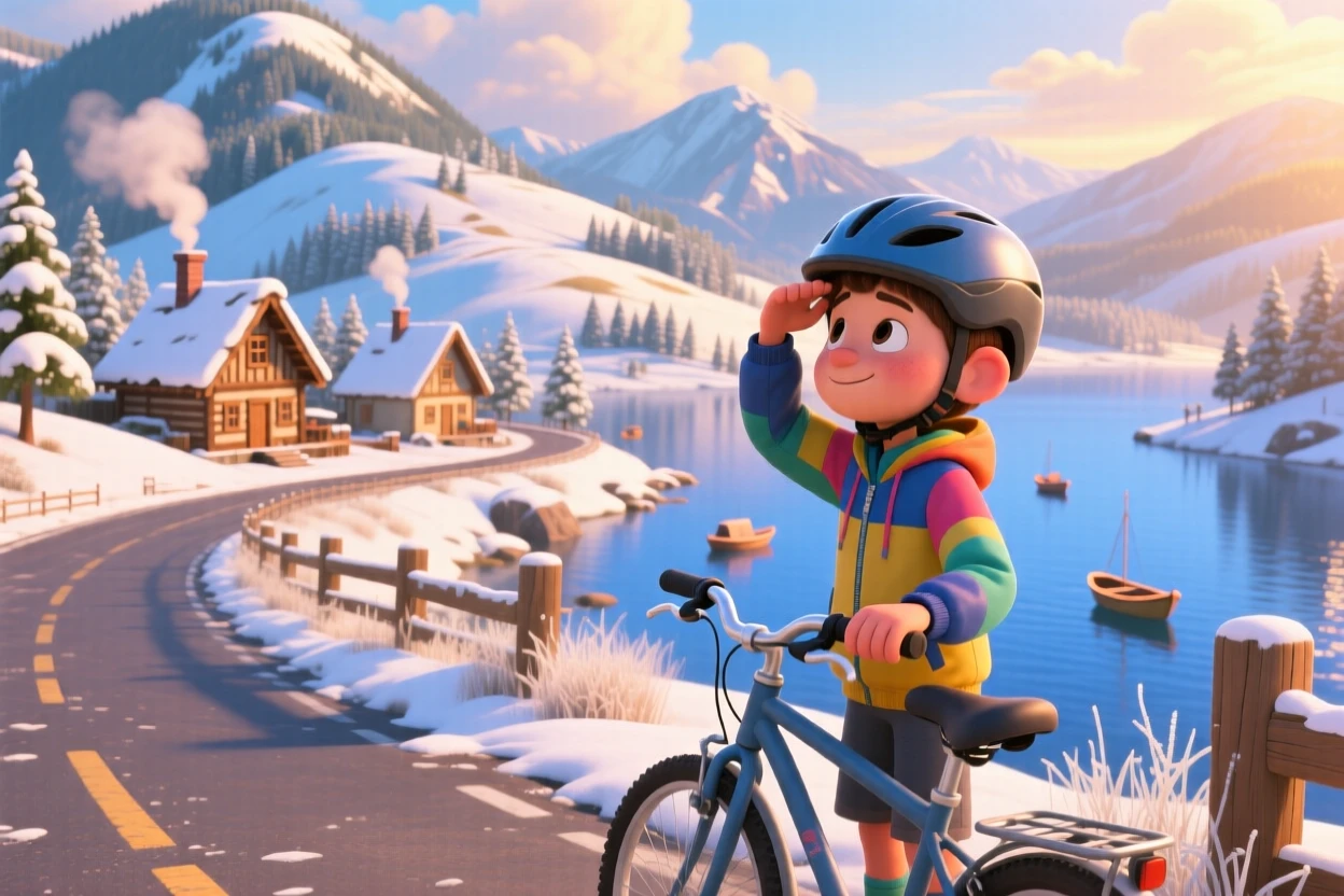 A cyclist pausing on a scenic road stands at a mountain village dusted with fresh snow, taking in the sweeping view below. The mood is adventurous, peaceful, and awe-inspiring, with small boats bobbing in the distance.
