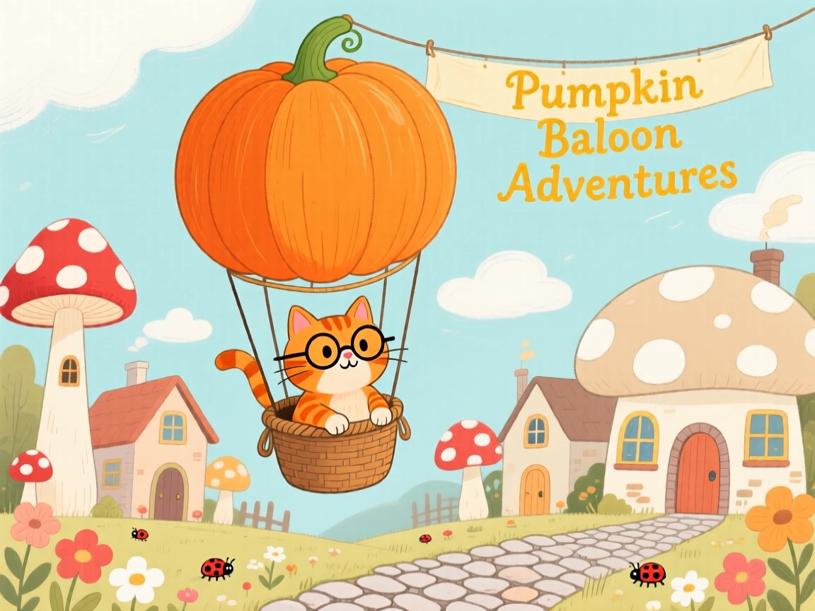 A cat wearing tiny spectacles is steering a hot air balloon shaped like a pumpkin in a neighborhood of mushroom-cap houses, with everything slightly too big or too small in a charming way.