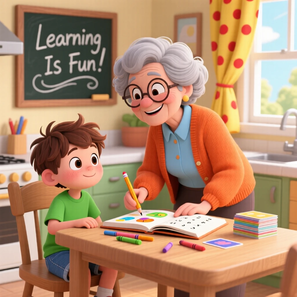 A retired teacher tutoring a young student at a kitchen table.