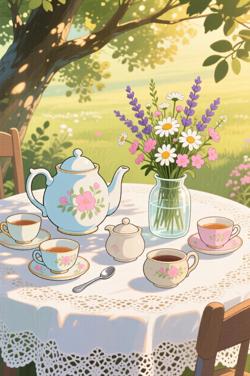 A warm, inviting scene of a tea set arranged on a lace tablecloth in dappled sunlight, with fresh flowers arranged nearby.