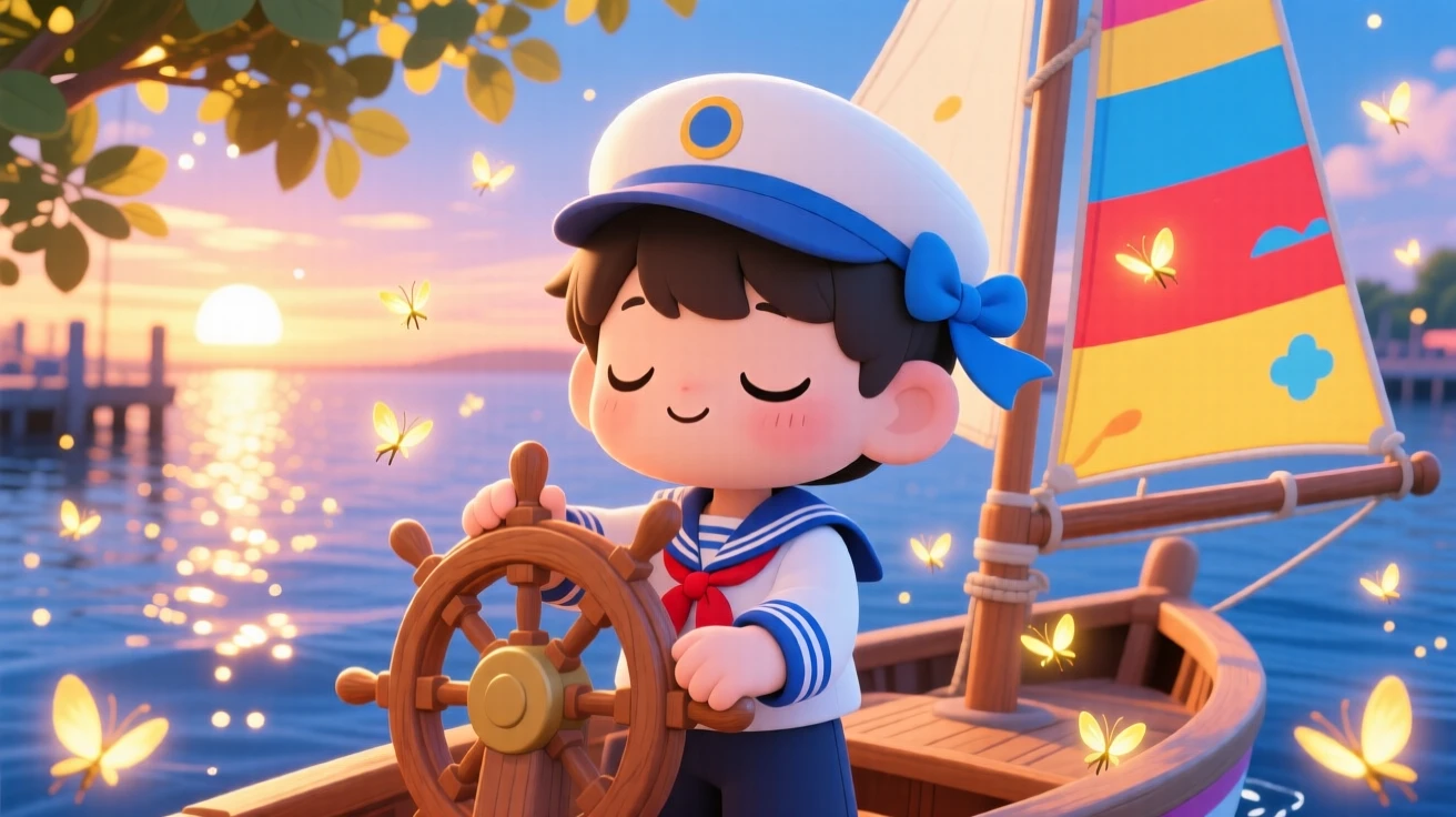 In a sparkling harbor, a small sailor is steering a colorful sailboat as fireflies begin to glow at dusk, bathed in dappled sunlight through a canopy, expression full of sleepy relaxation. Shot as a waist-up portrait.