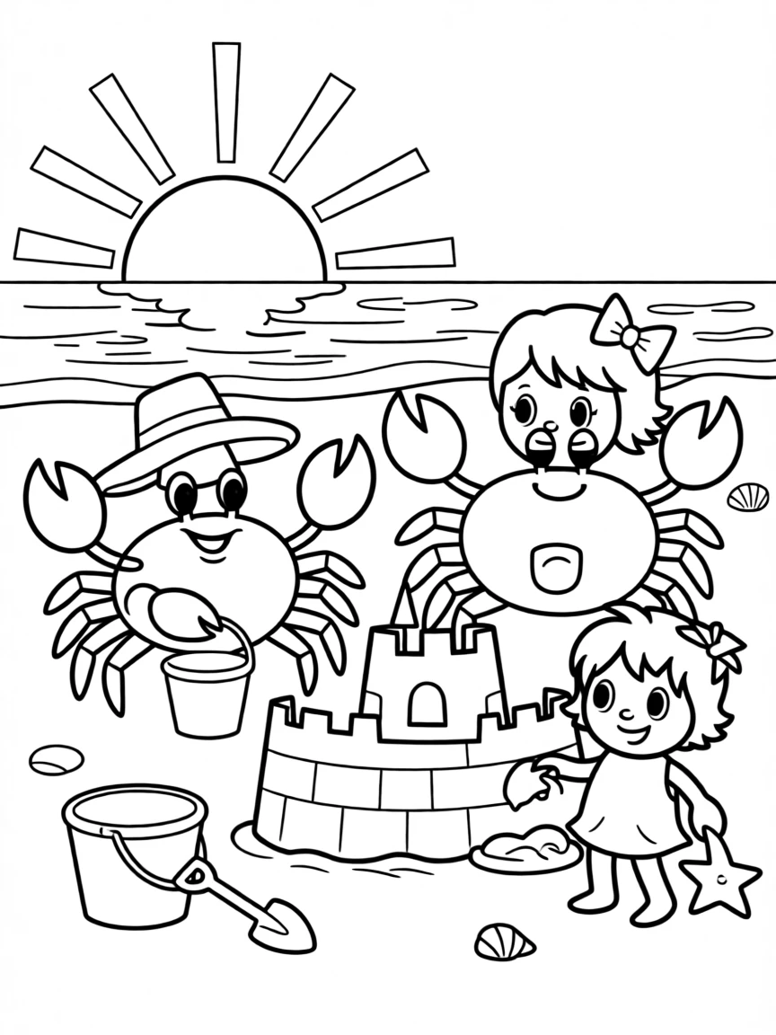 A crab family building sandcastles on the beach