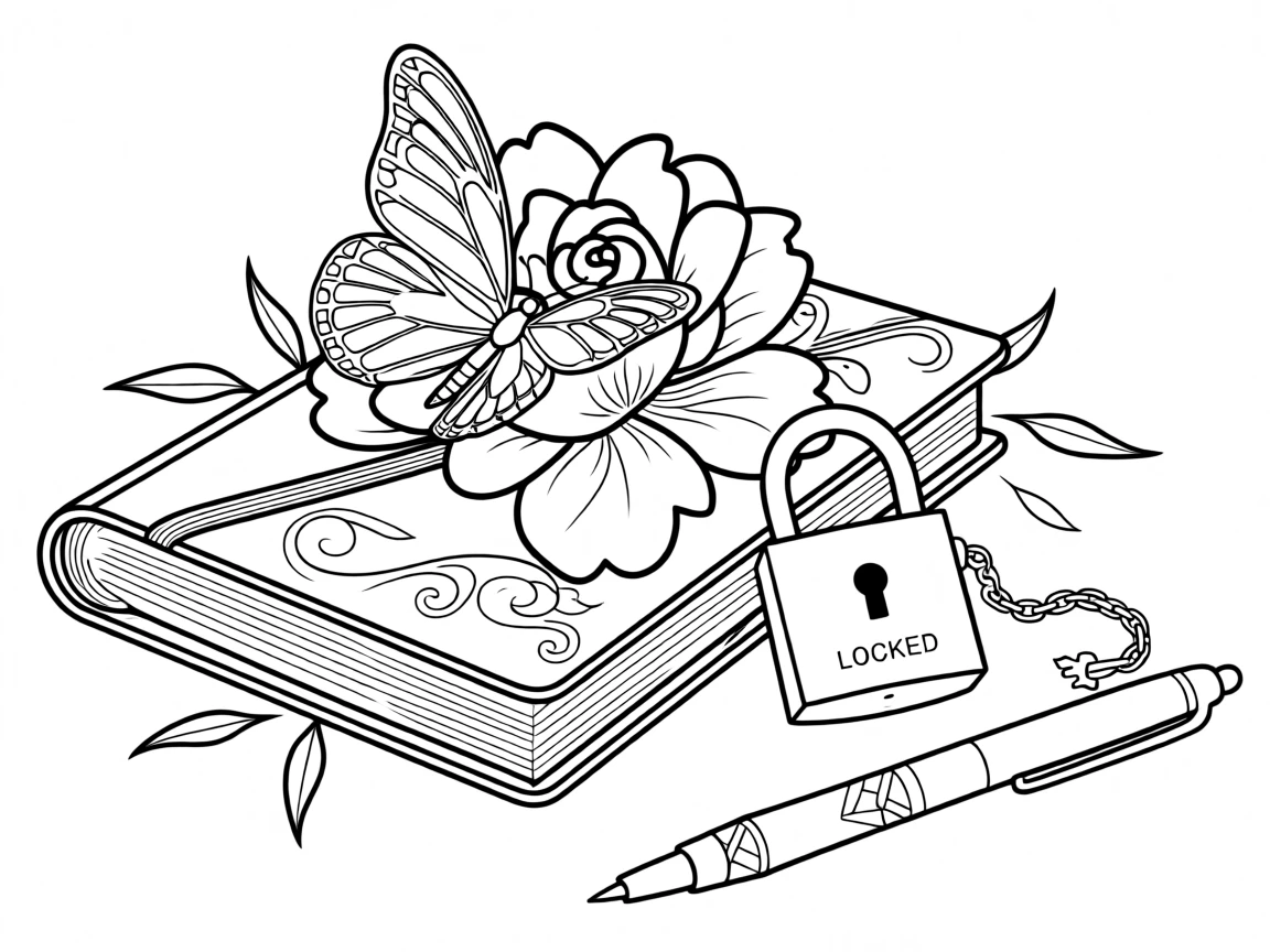 A diary with a small lock resting beside a pen, with a butterfly resting on one of the petals.