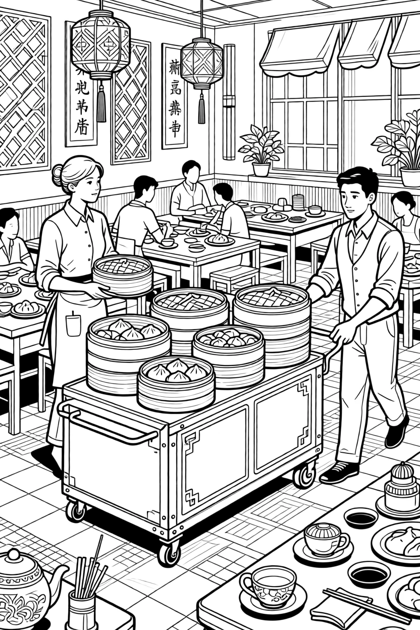 A dim sum cart scene with stacked bamboo steamers in a busy restaurant.