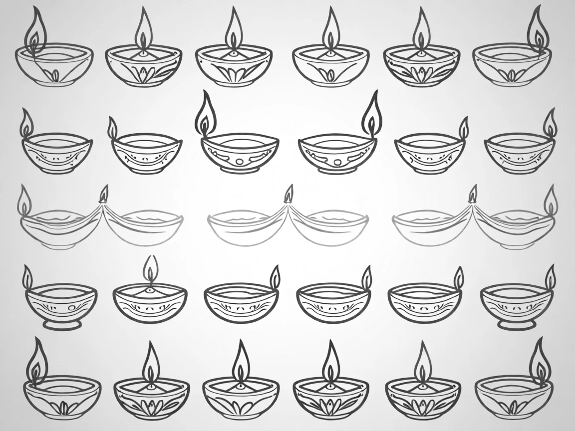 A Diwali display with rows of glowing oil lamps