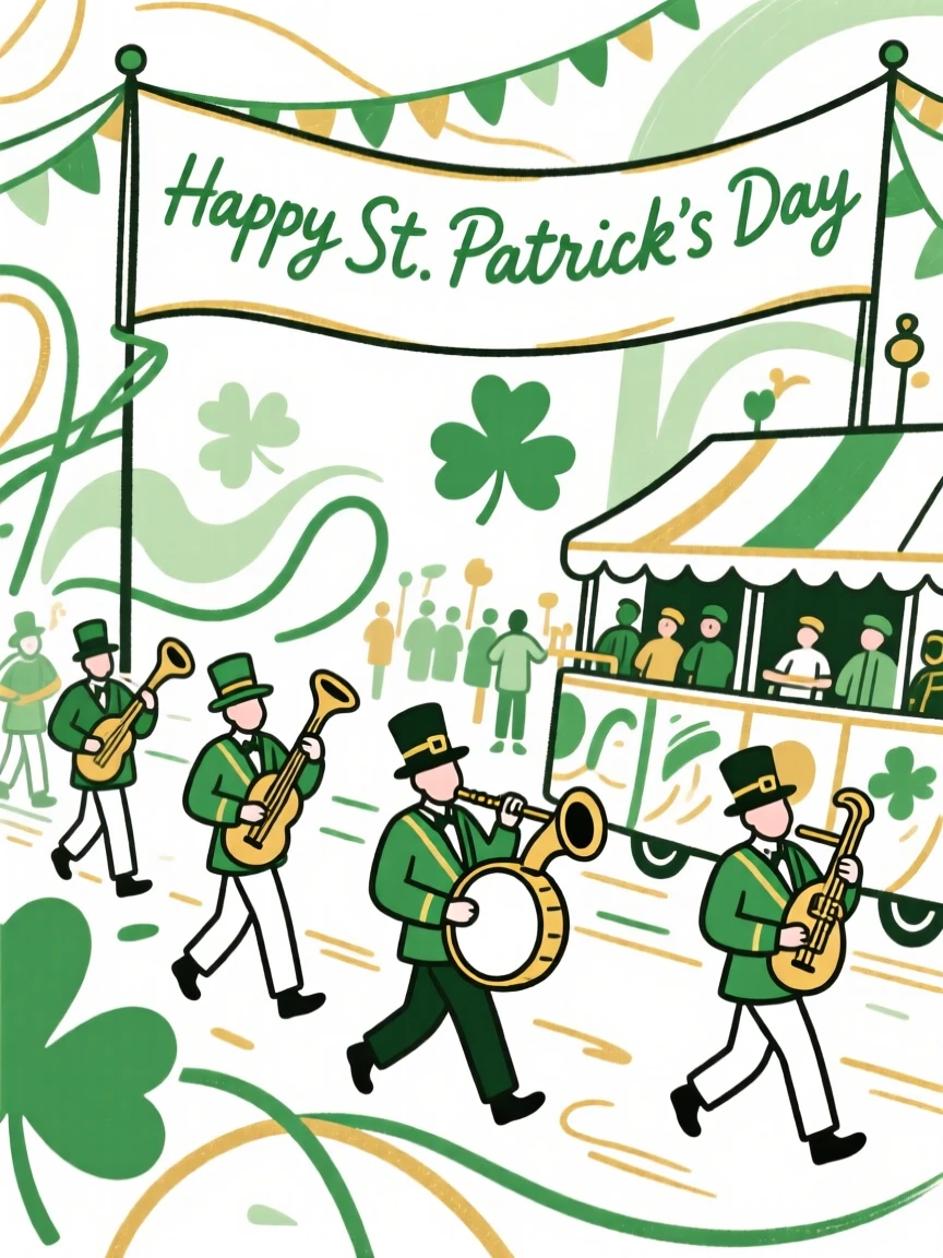 A St. Patrick's Day parade with green decorations and shamrocks.