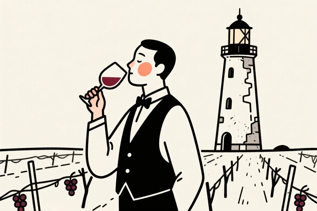 A sommelier tasting wine at a vineyard, radiating quiet confidence, beside an old lighthouse.