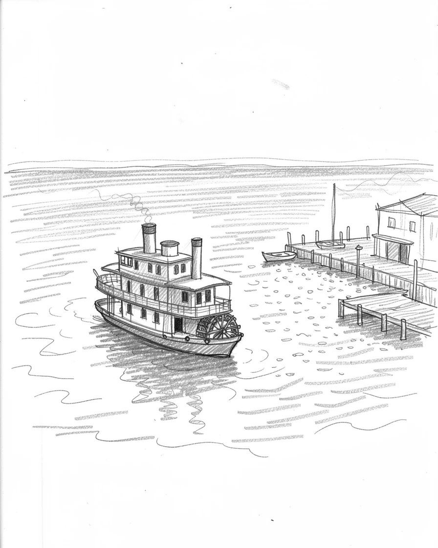 A striking scene of a paddle steamer on a wide river beside a sparkling harbor, with the ocean stretching out beyond.