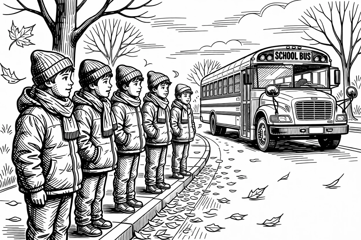 Children lined up waiting for the school bus on a crisp autumn morning.