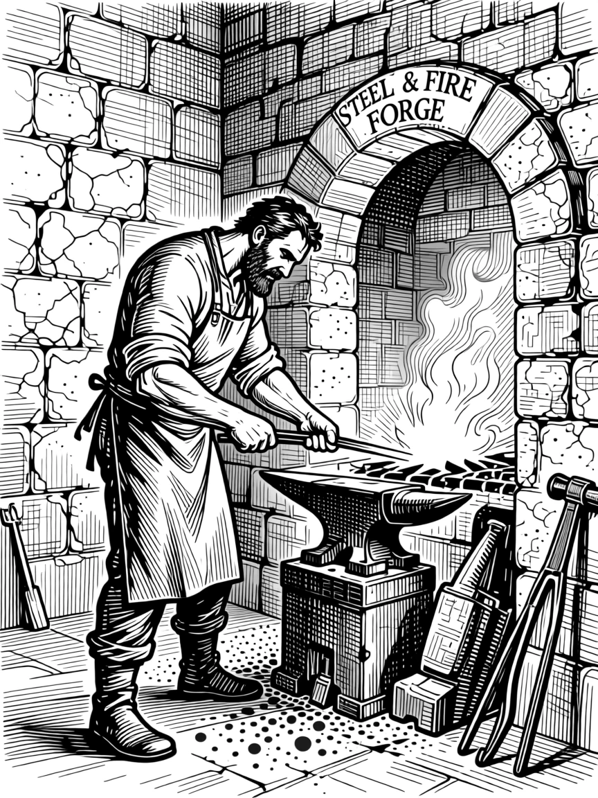 A blacksmith working at a glowing forge within the walls of a centuries-old fortress, with dust rising softly from the ground, portrayed in a deeply rooted in tradition historical scene.
