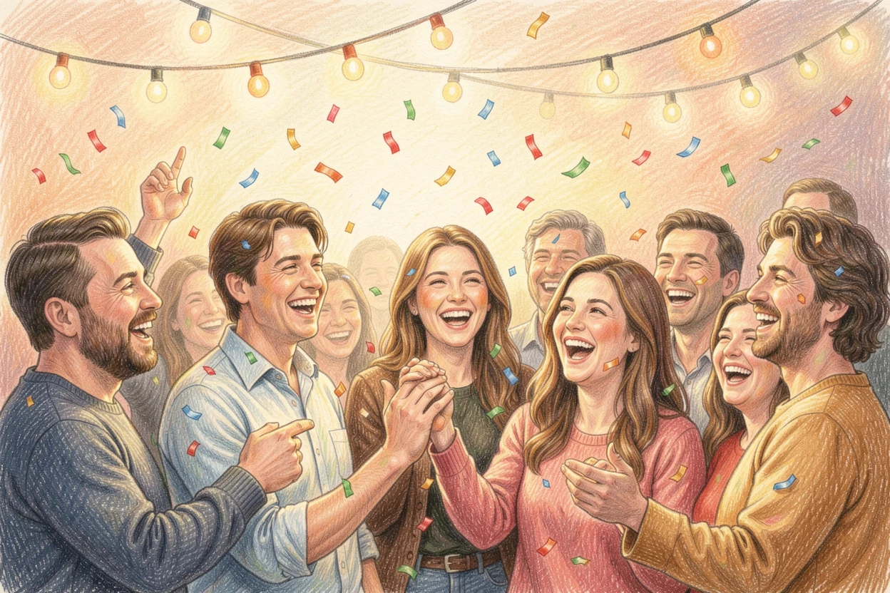A New Year's countdown celebration with confetti and glowing lights, bathed in the warm glow of golden-hour light, evoking nostalgia and a deep sense of contentment.